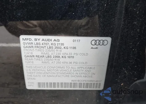 2017 Audi Q3 2.0T Premium from USA, damaged, VIN WA1BCCFS1HR014517